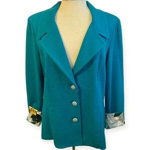Vintage St John Collection Teal Blue Santana Knit Blazer Jacket Silk Wool Button